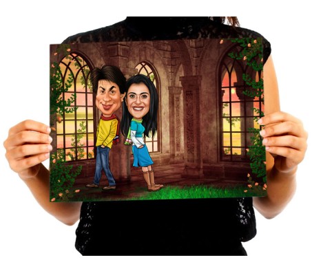 Customized Couple Caricature inside Palace Garden on A3 Poster