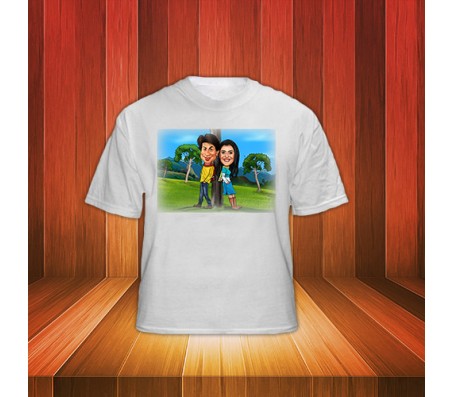 Customized Couple Caricature in Romantic Forest on T Shirt