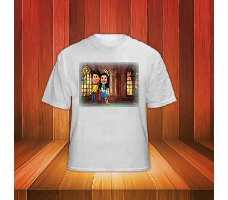 Customized Couple Caricature inside Palace Garden on T Shirt