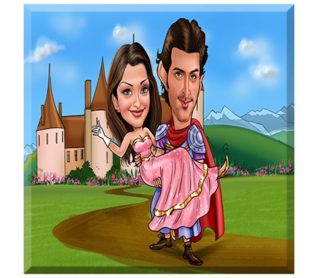 Personalized Couple Caricature at the Castle on Square Glass Frames