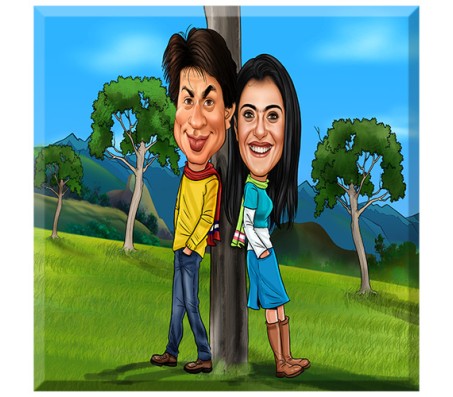 Customized Couple Caricature in Romantic Forest on Square Glass Frames