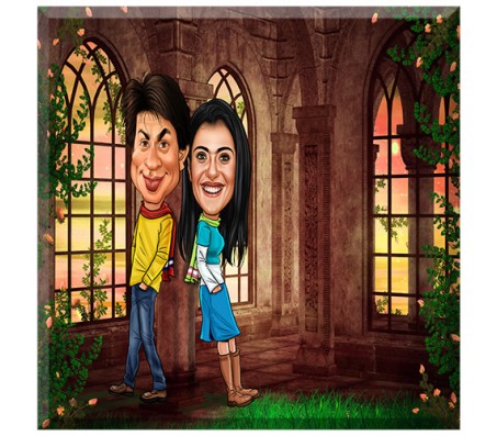 Customized Couple Caricature inside Palace Garden on Square Glass Frames