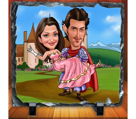 Personalized Couple Caricature at the Castle on Square Shape Rocks