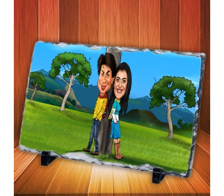 Customized Couple Caricature in Romantic Forest on Rectangle Shape Rocks