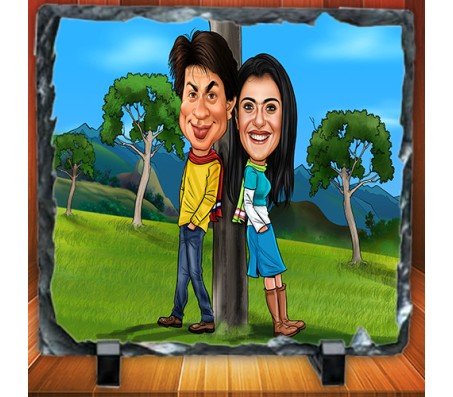 Customized Couple Caricature in Romantic Forest on Square Shape Rocks