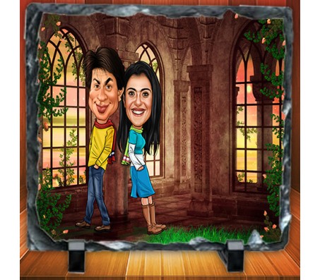 Customized Couple Caricature inside Palace Garden on Square Shape Rocks