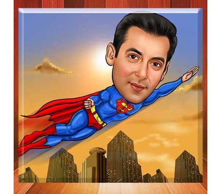 Personalized Superhero Flying Caricature on Square Shape Glass