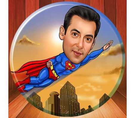 Personalized Superhero Flying Caricature on Round Shape Glass