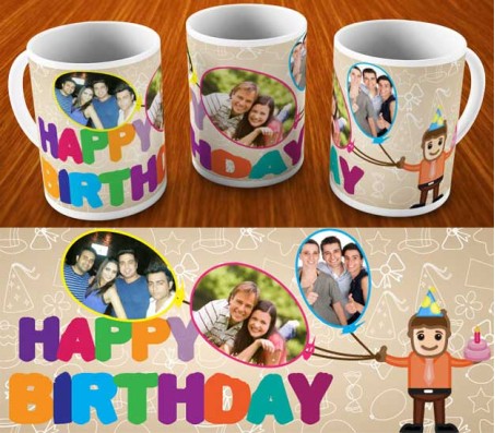 Happy Birthday Mug With 3 Photo Options in Balloon