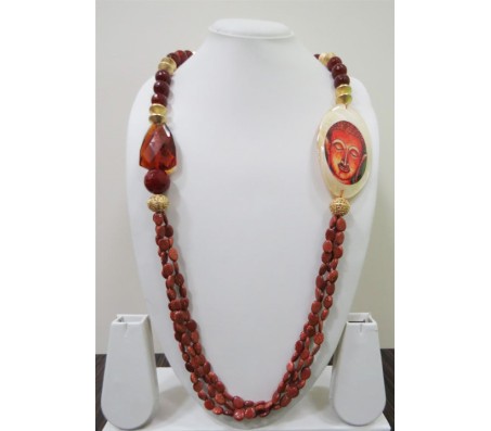 Ethnic Beads With Work On Side Agate Stone And Triple Line Polished Brown Beads