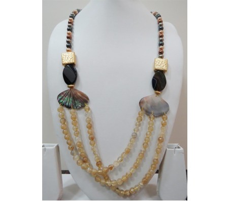Beautiful Multi Color Beads With Black Semi Precious Stones And Natural Mother Of Pearl With Triple Line Beads