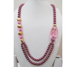 Classy Double Line Dark Pink Shade Beads With Artistic Work Done On The Agate Stone On The Side