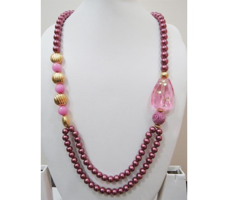 Classy Double Line Dark Pink Shade Beads With Artistic Work Done On The Agate Stone On The Side