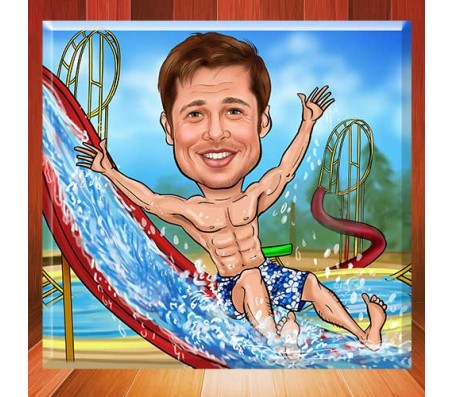 Customized Caricature In Water Park With Six Pack Abs On Square Shape Glass