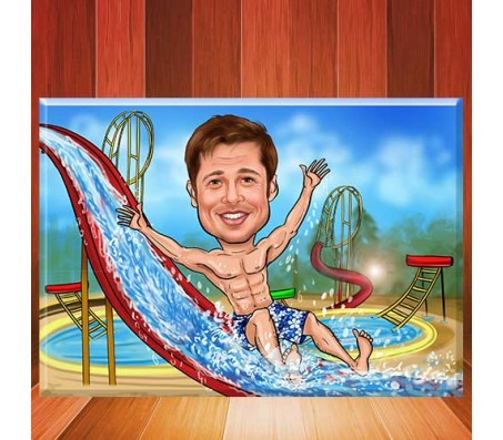 Customized Caricature In Water Park With Six Pack Abs On Rectangle Shape Glass