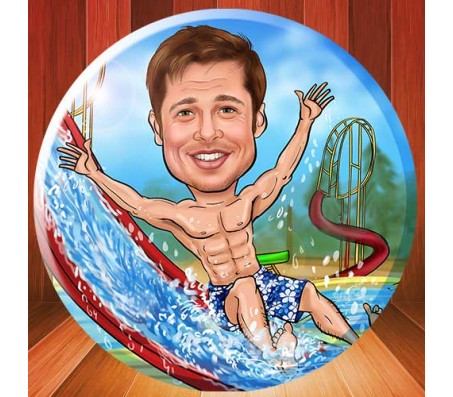 Customized Caricature In Water Park With Six Pack Abs On Round Glass