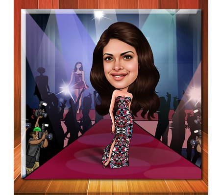 Customized Caricature In Fashion Show On Square Shape Glass