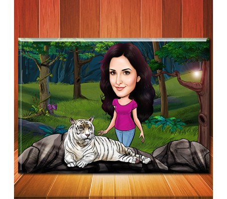 Personalized Caricature In Forest With White Tiger On Rectangle Shape Glass