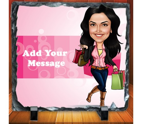 Customized Caricature in Shopping Market on Square Shape Rock With Message