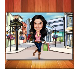 Customized Caricature In Shopping Market On Rectangle Glass Frame