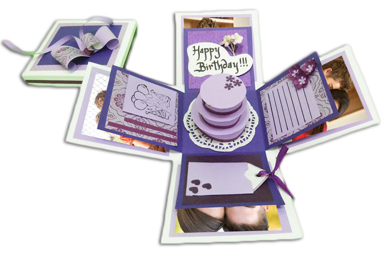 Purple Happy Birthday Exploding Gift Box With Cake & Messages