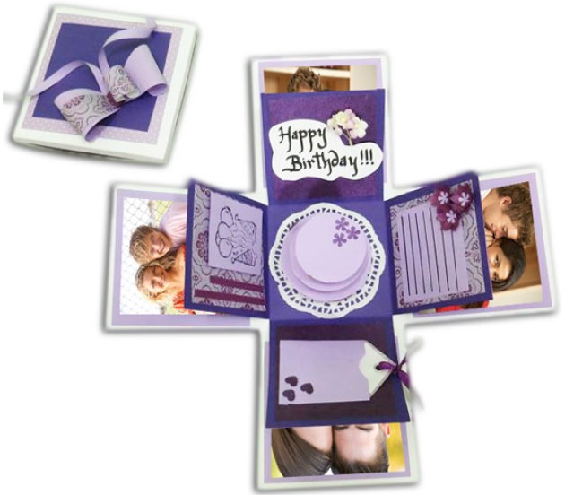 Purple Happy Birthday Exploding Gift Box With Cake & Messages