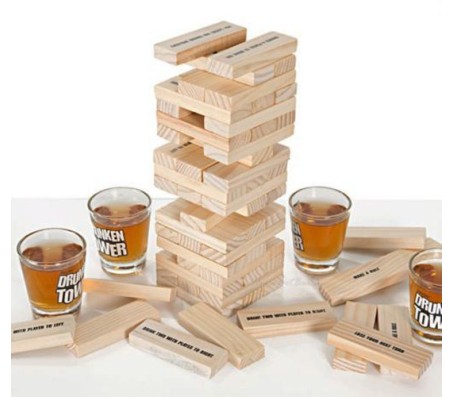 Jenga Style Drunken Tower Party Game With 4 Shot Glasses