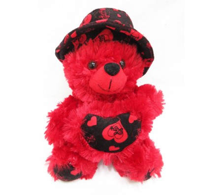 Red Teddy With Heart & Black Hat [12 x 8 inches]