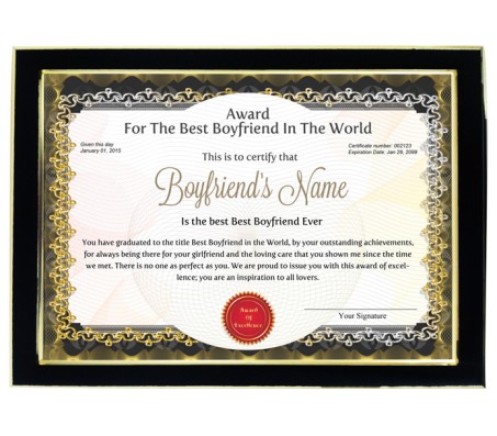 Personalized Award Certificate For Worlds Best Boyfriend With Frame