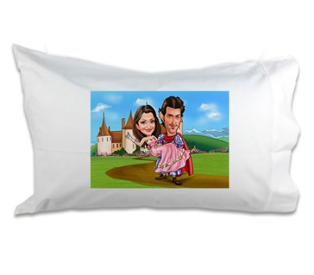 Personalized Couple Caricature at the Castle on Pillow [18-x-13-inches]