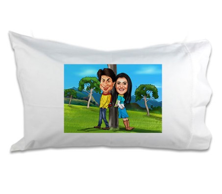 Customized Couple Caricature in Romantic Forest on Pillow [18-x-13-inches]