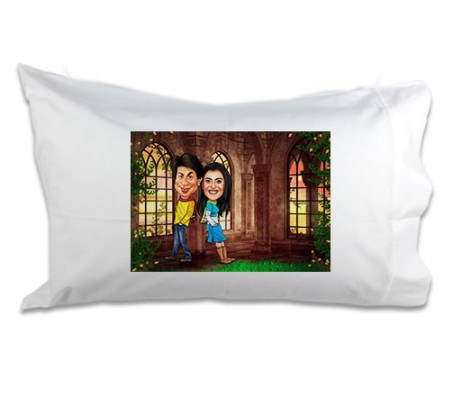 Customized Couple Caricature inside Palace Garden on Pillow [18-x-13-inches]